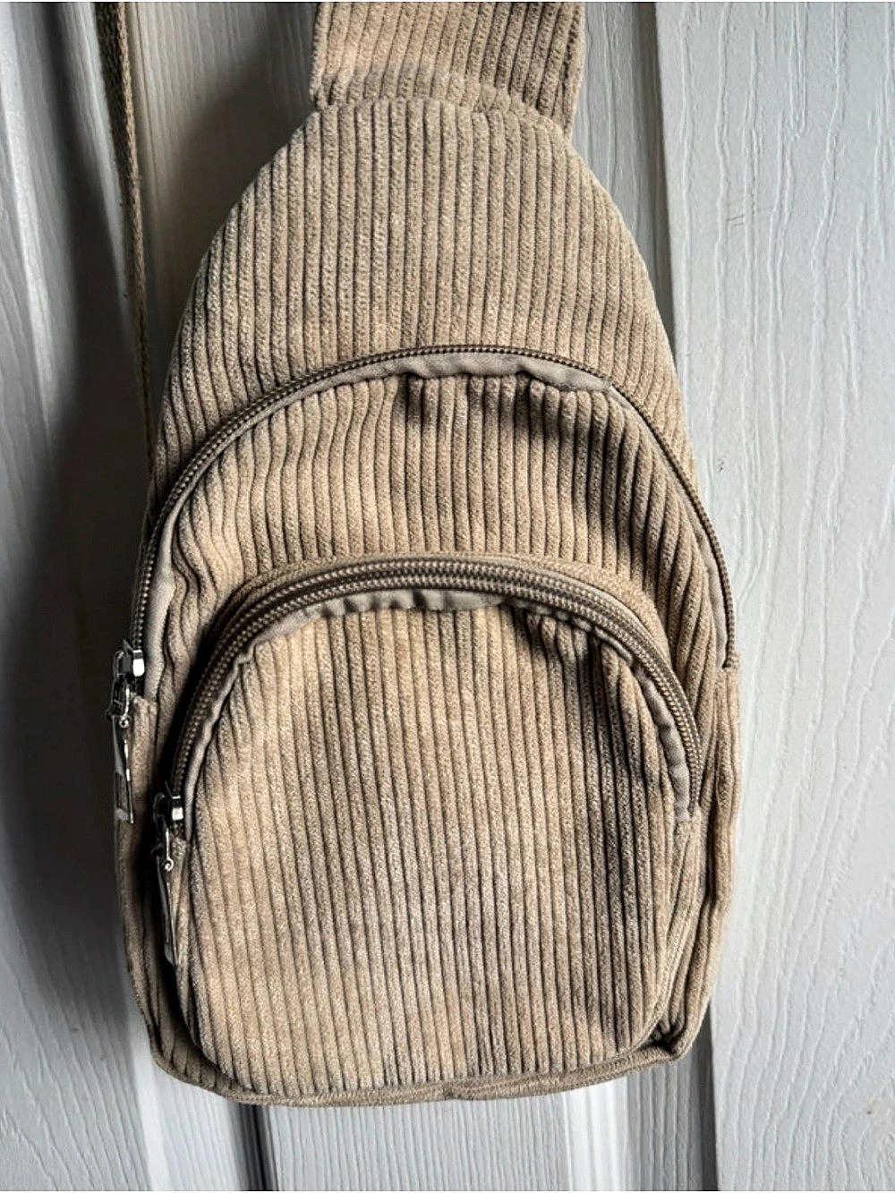 Corduroy Sling Backpack in Beige